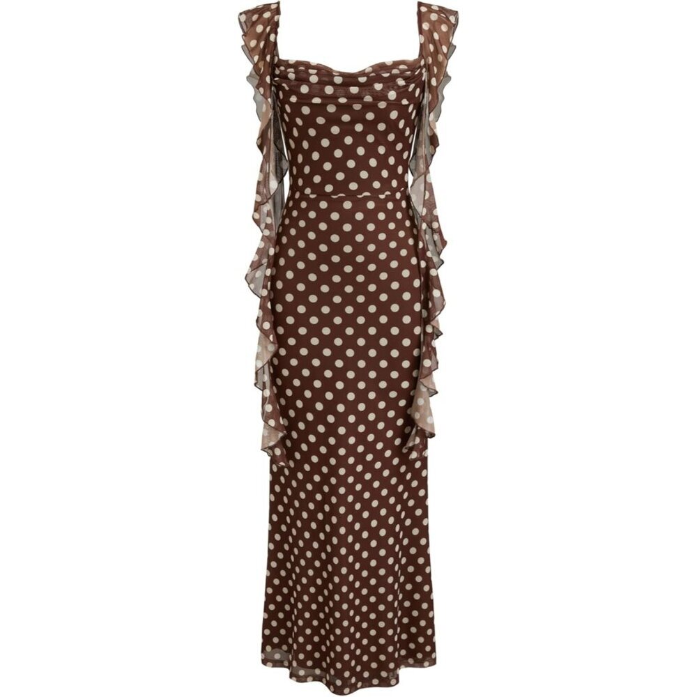 Women's Brown Wedding Guest Dresses Summer Maxi Dress Sleeveless Mesh Ruffle